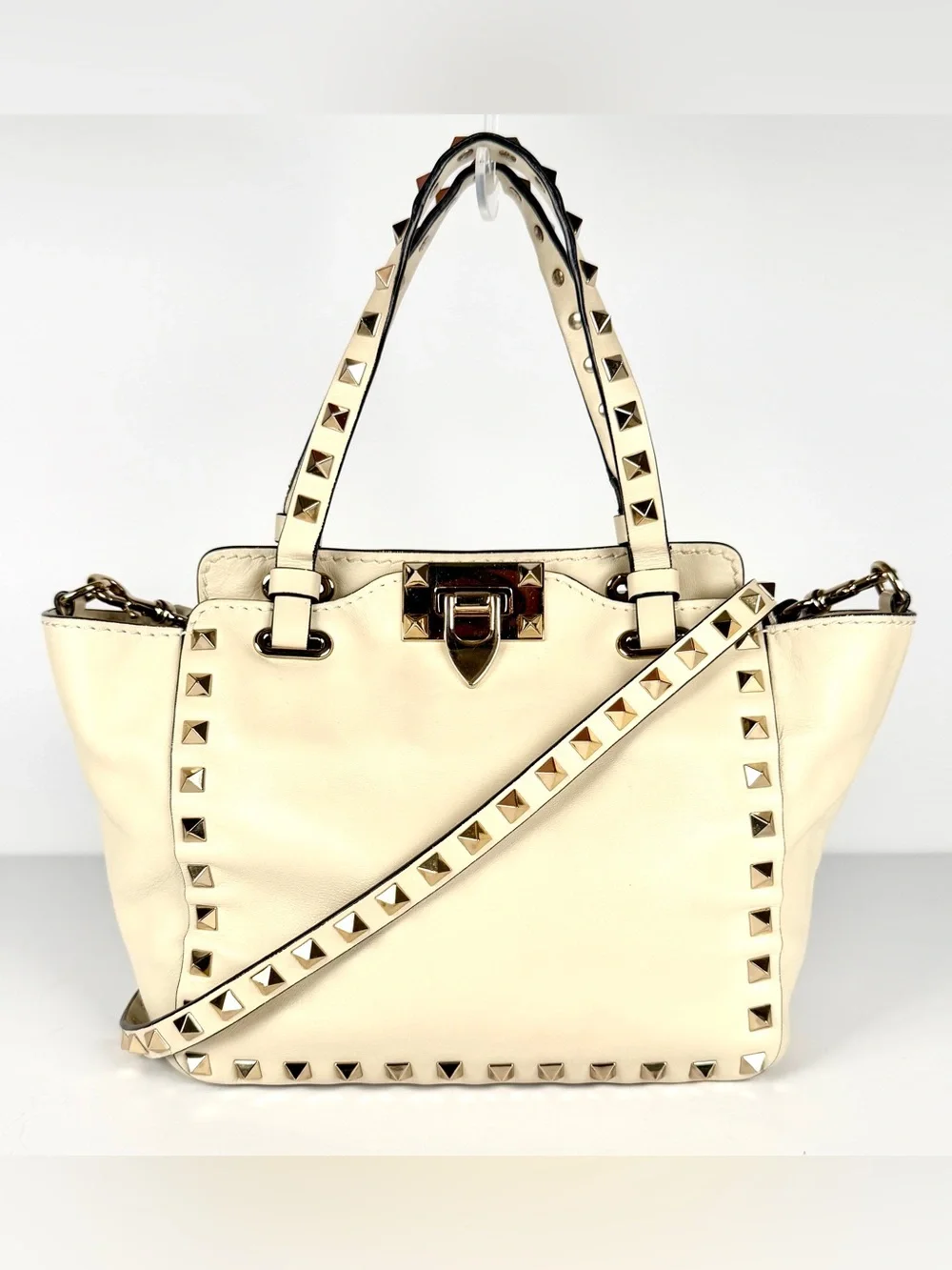 Valentino Garavani Compact Ivory Rockstud Tote Leather 2-Way Crossbody Full Set